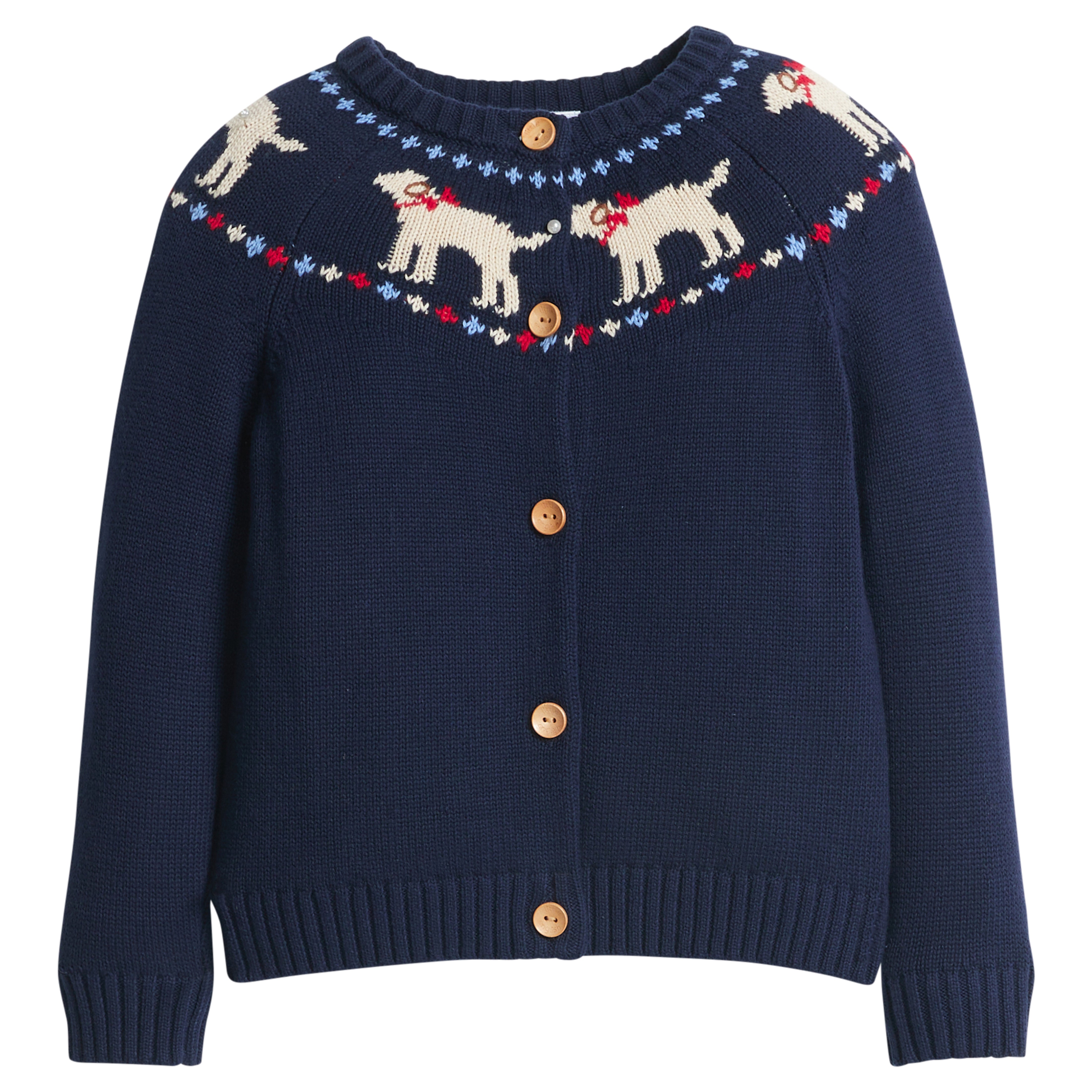 little english classic children's clothing, girls navy fair isle cardigan with lab motif around the collar 