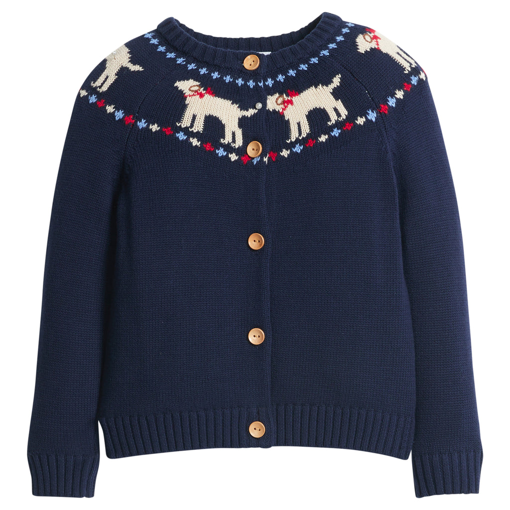 little english classic children's clothing, girls navy fair isle cardigan with lab motif around the collar 