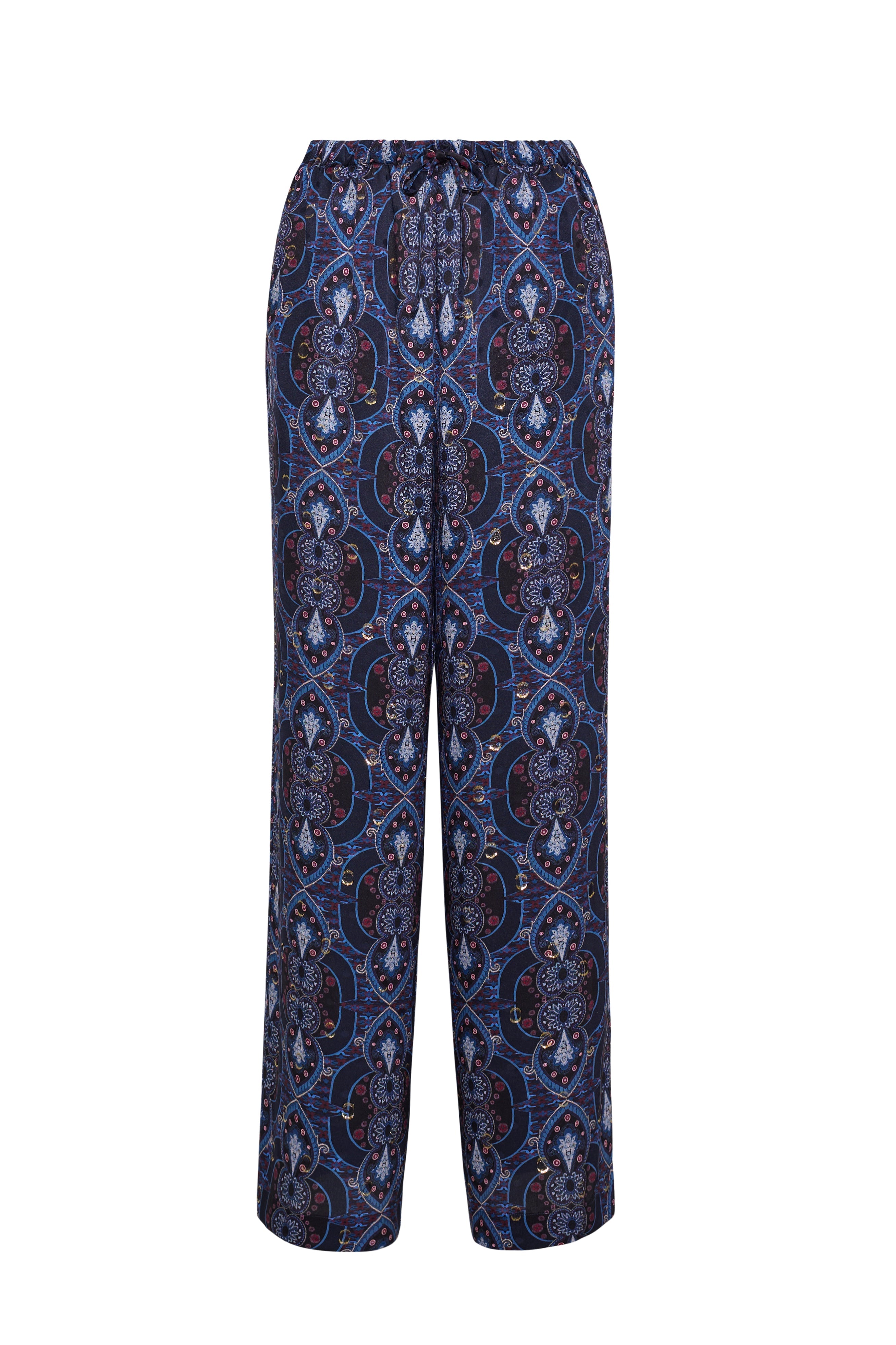 Front view of Girona Pant in Trove Merlot with a flowy relaxed silhouette, drawstring waistband, and placed print