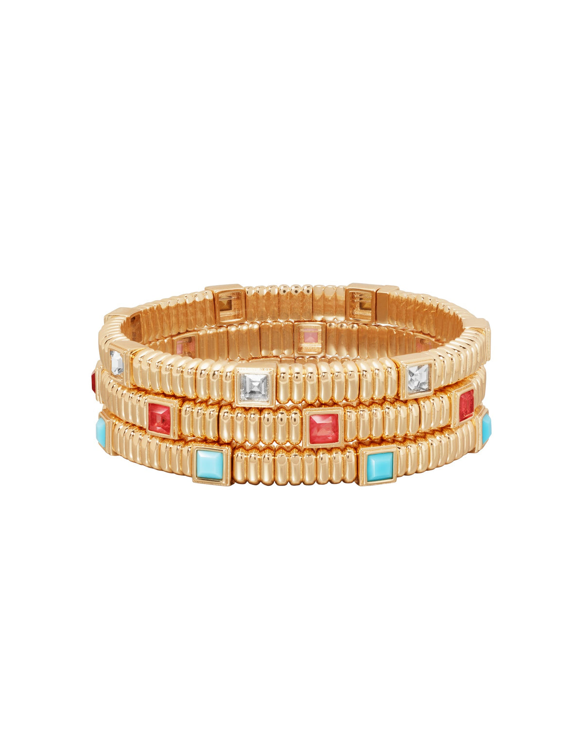 Front view of Giulia bracelets showcasing three stacked gold-tone bands with colorful rectangular accents on a white background