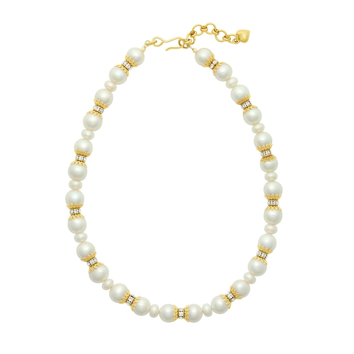 Top-down view of Gladys Necklace showing freshwater pearls and gold-plated beads with crystal rondelles on white background