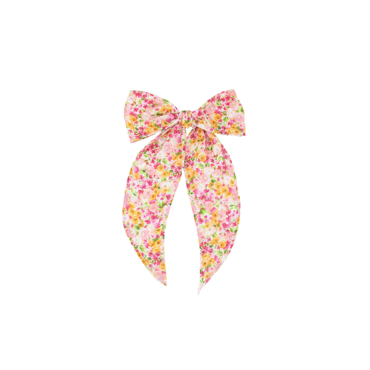 Front view of Goldie Bow showcasing its pink floral pattern with a white background