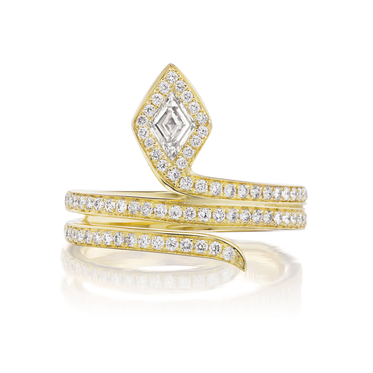 The Lozenge Diamond Snake Wraparound Ring is crafted in 18k gold, featuring a spiral band set with VS1-VS2 round diamonds and a central marquise-shaped diamond cluster.