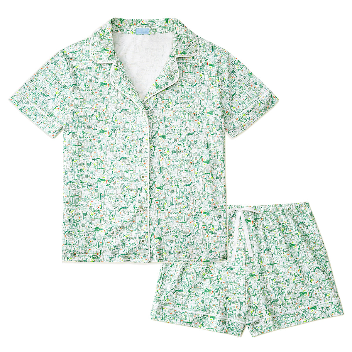 Front view of Golf Women’s Button Front Short Pajama Set showcasing green golf print and drawstring shorts on white
