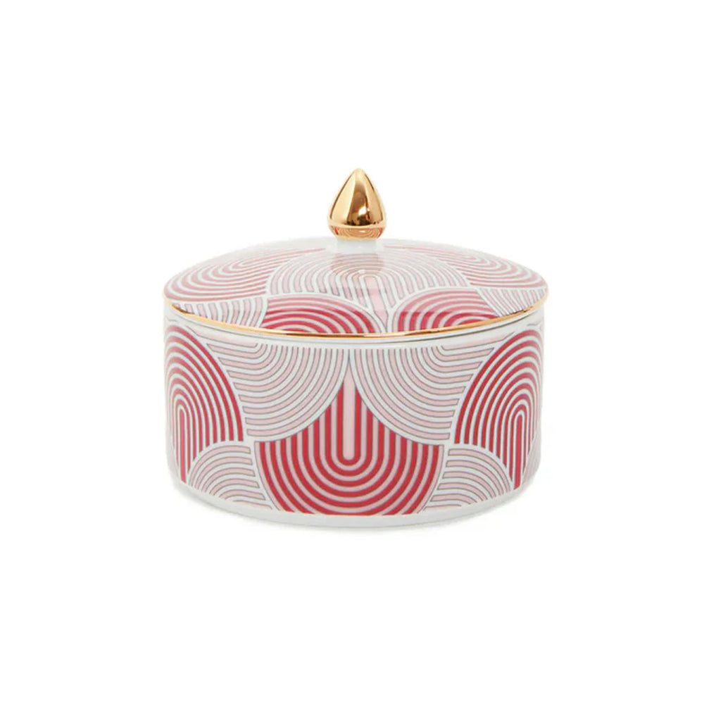 Front view of Goodie Jar in Slinky Red showcasing red arch print and 18K gold teardrop handle on white background