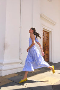 The Gracie Dress, midi dress with embroidery and full skirt, in Sullivan Stripe.