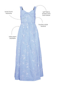 The Gracie Dress, midi dress with embroidery and full skirt, in Sullivan Stripe with call outs.
