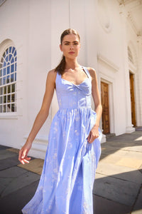 The Gracie Dress, midi dress with embroidery and full skirt, in Sullivan Stripe.