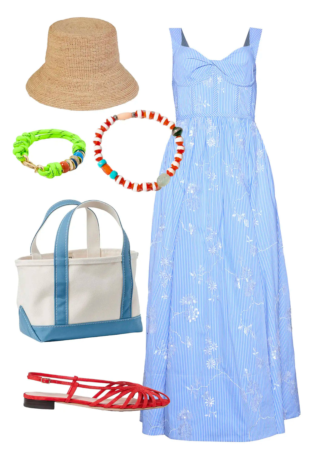 The Gracie Dress, midi dress with embroidery and full skirt, in Sullivan Stripe styled.