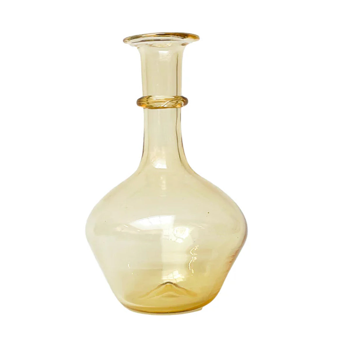Front view of Pienza Graduated Decanter showing bulbous base, narrow neck and decorative glass ring in amber on white background
