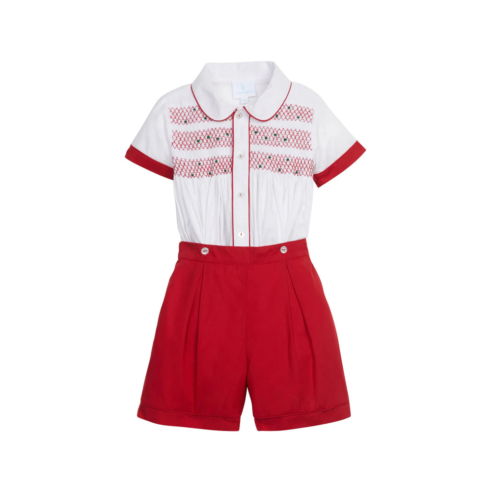 Front view of Graham Short Set showcasing a white smocked short-sleeve shirt with red piping and red shorts on white
