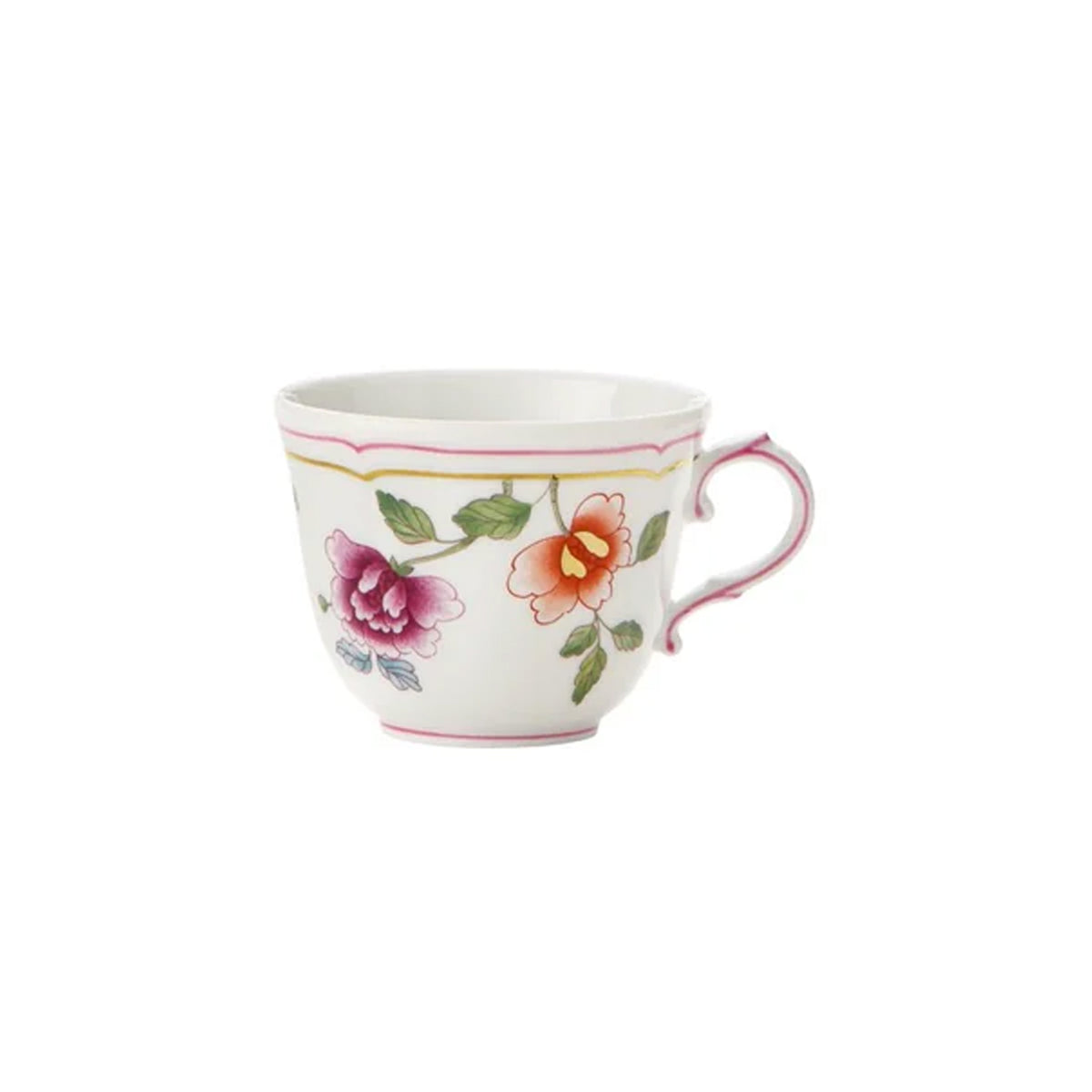 Side view of Granduca Coreana porcelain coffee cup with pink and orange peony design and pink trimmed handle