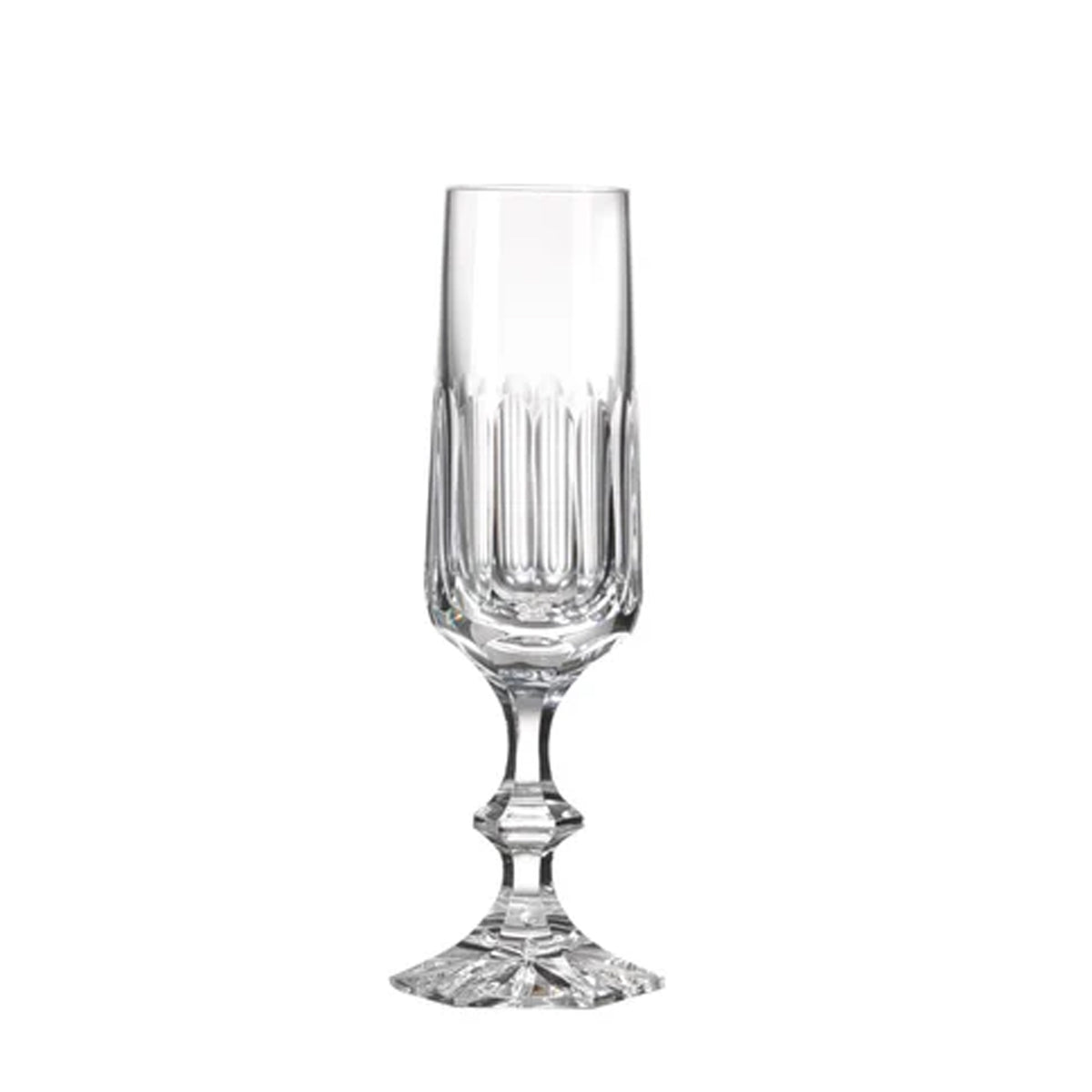 Front view of Granduca Flute Goblets, Set of 2 showcasing ribbed lead-free crystal detailing with a white background