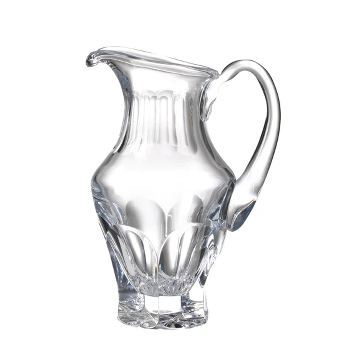 Front view of Granduca Pitcher showcasing clear crystal with ribbed lapping, curved handle and spout on white background