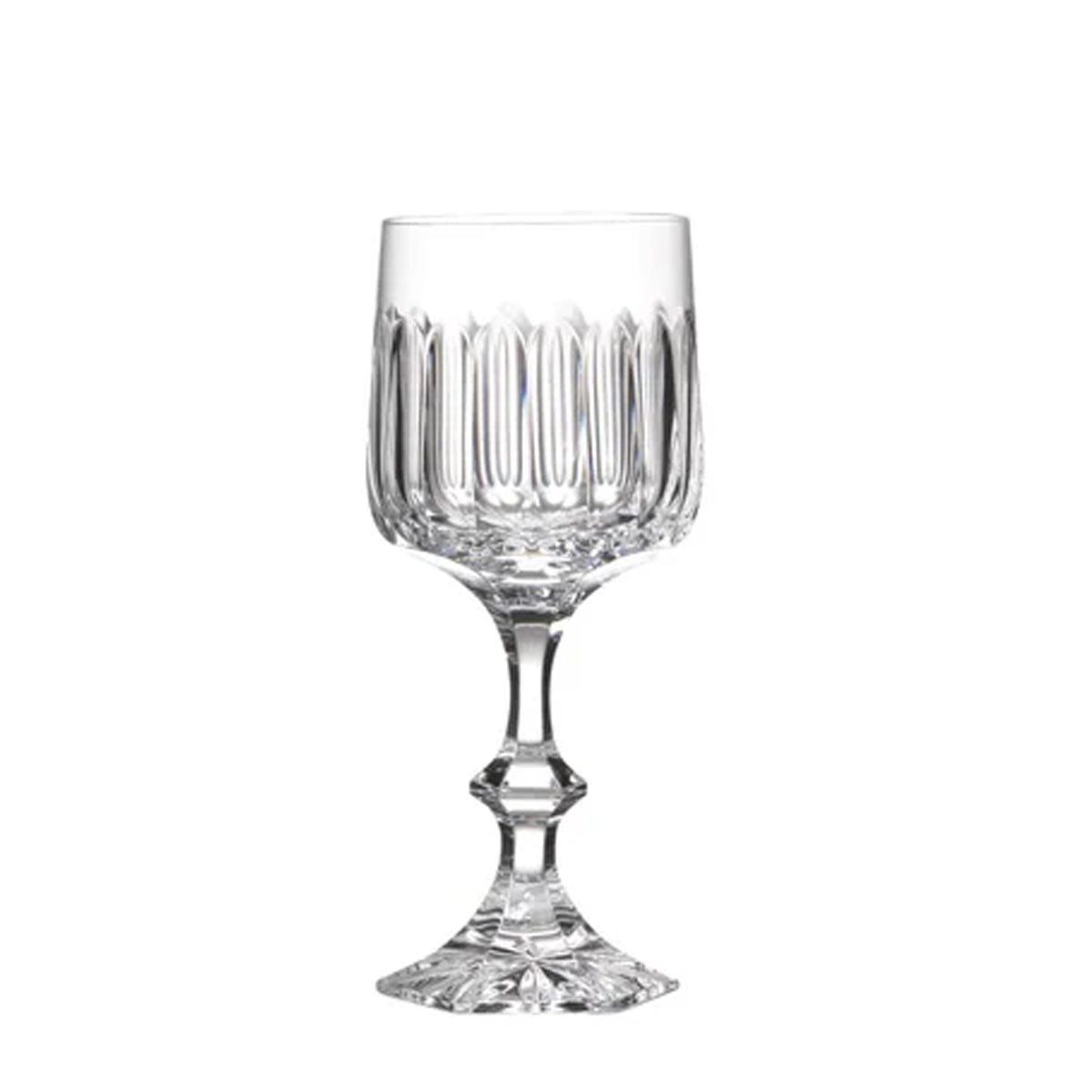 Front view of Granduca Water Goblets, Set of 2 showcasing lead-free crystal with ribbed lapping on a white background