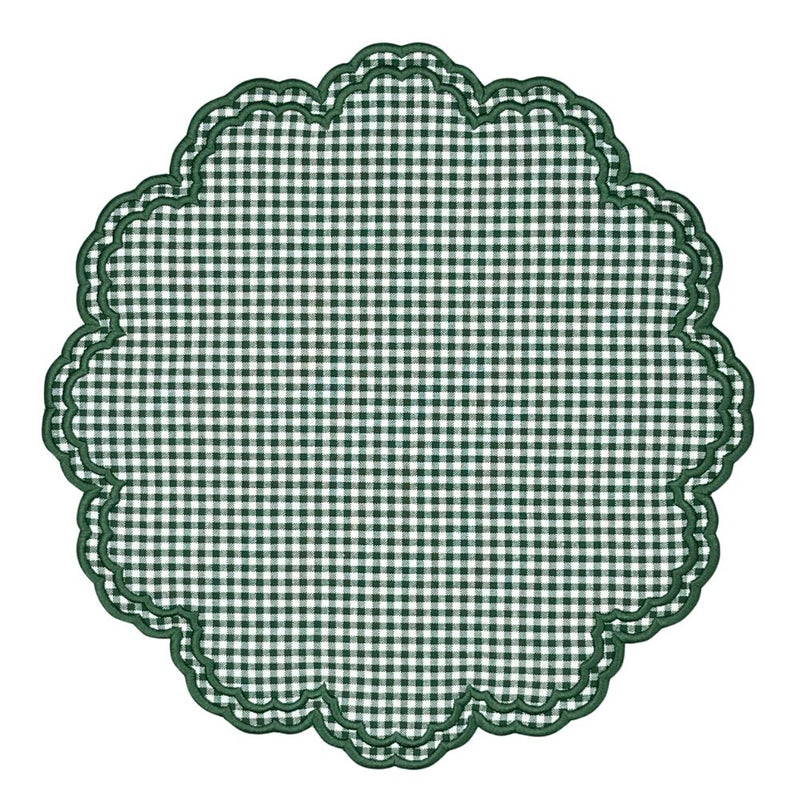 Green gingham luxury embroidered placemat with green silk embroidery