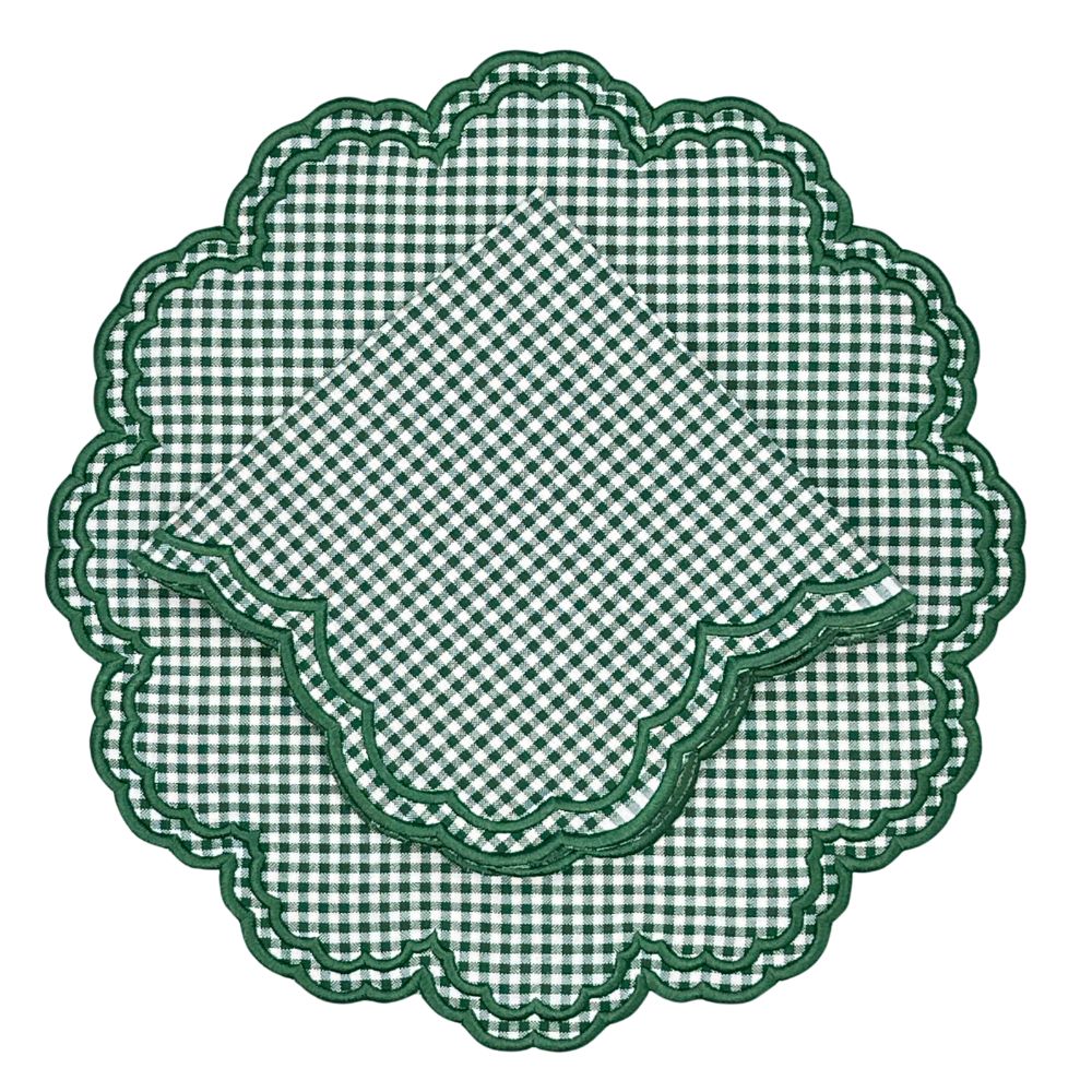 Green gingham luxury embroidered placemat with green silk embroidery with matching luxury embroidered napkin