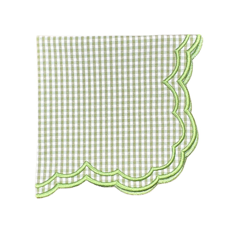 Top view of Bettina-Gingham Napkin in Green, Set of 4 showcasing gingham pattern and scalloped white embroidered trim