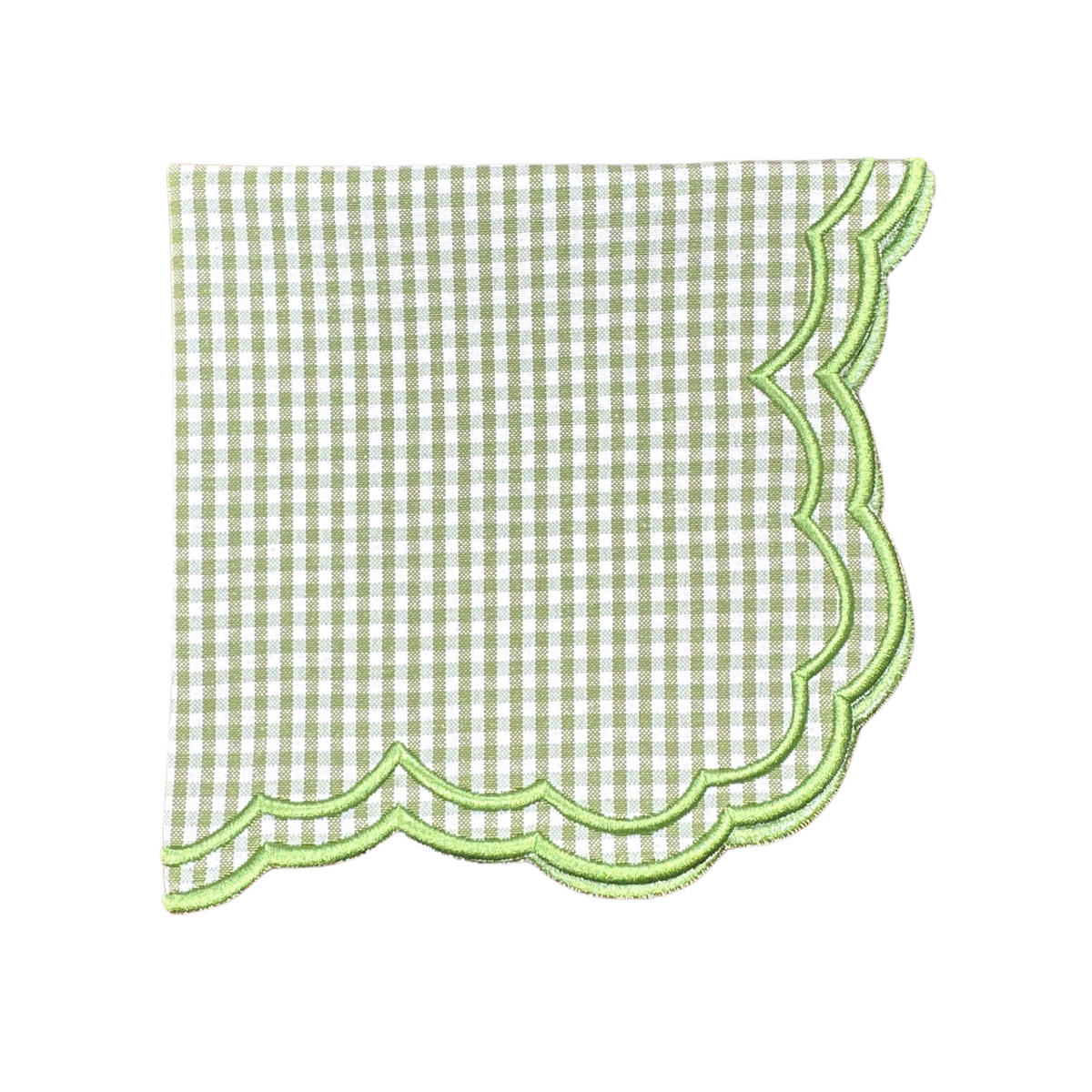 Top view of Bettina-Gingham Napkin in Green, Set of 4 showcasing gingham pattern and scalloped white embroidered trim