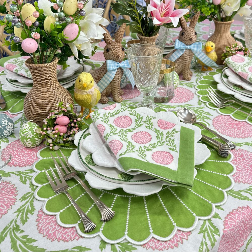 Green luxury linen pippa placemat and floral tablecloth and napkin