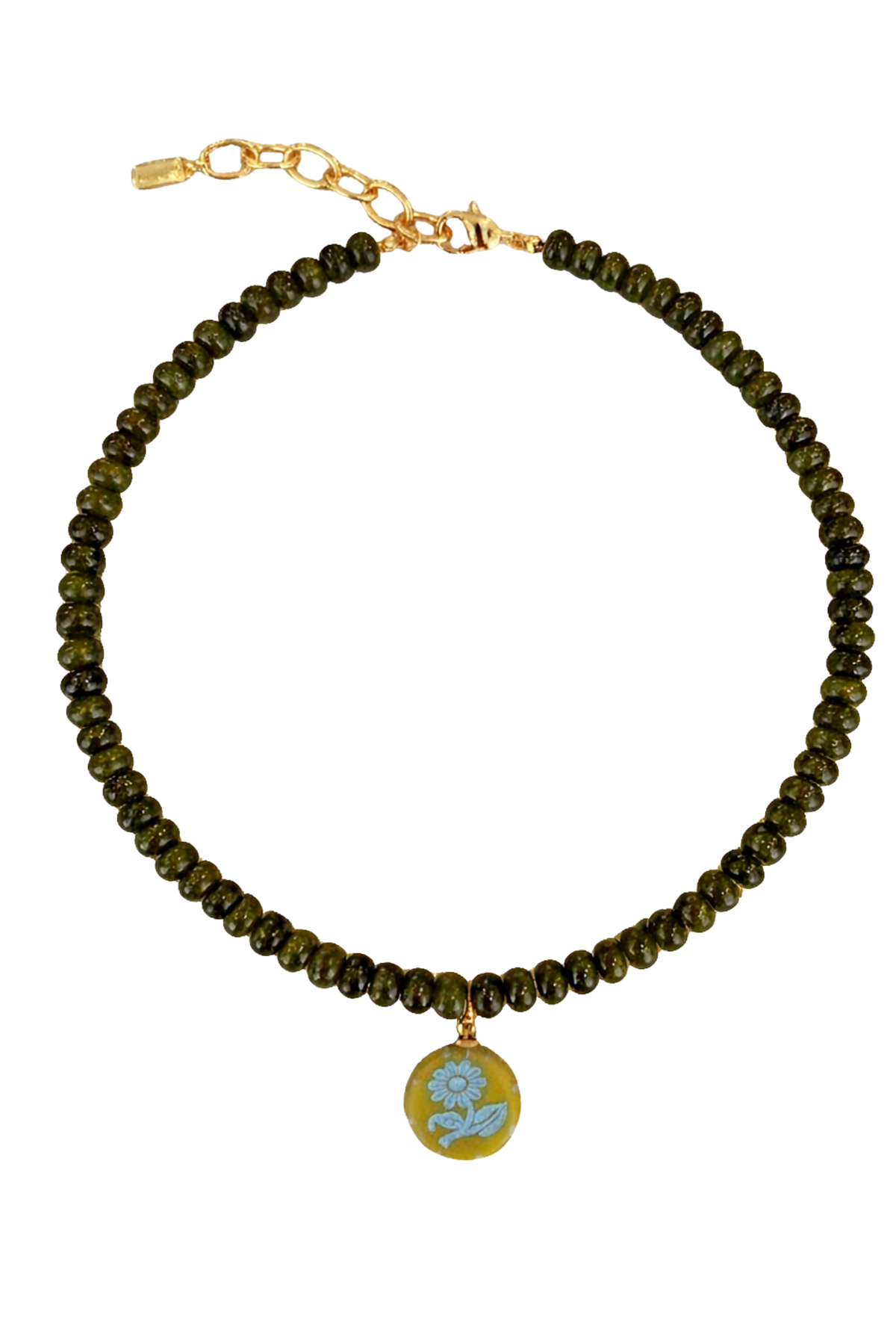 Green Beaded Gold & Blue Pendant Necklace