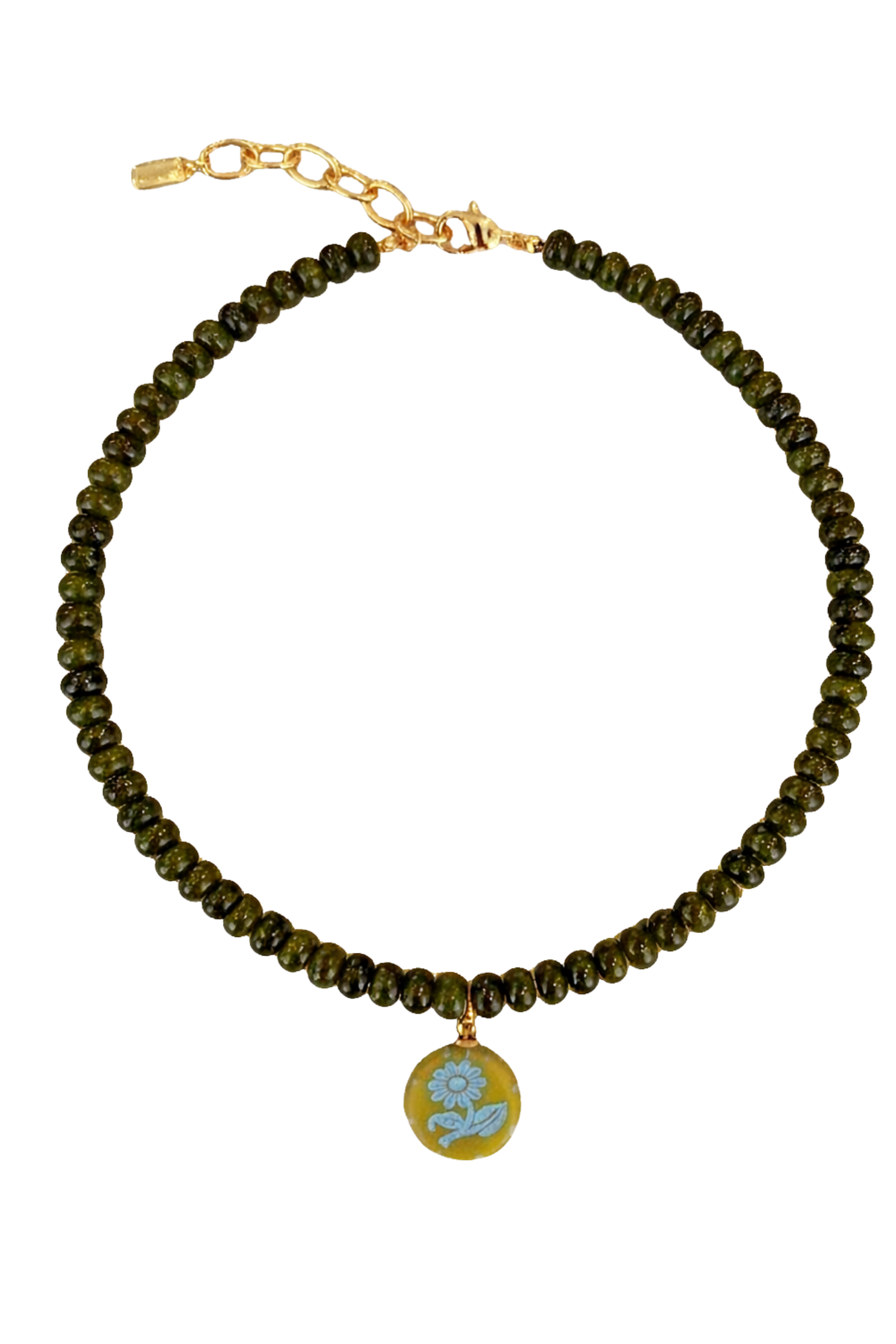 Green Beaded Gold & Blue Pendant Necklace
