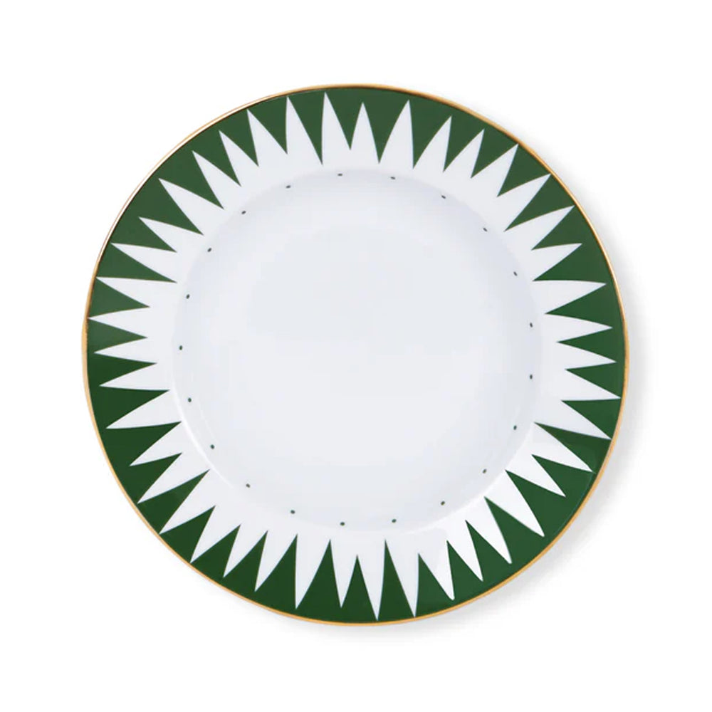 Top view of Green Punk soup and pasta plate with green triangular sunburst border, small inner green dots, and gold rim