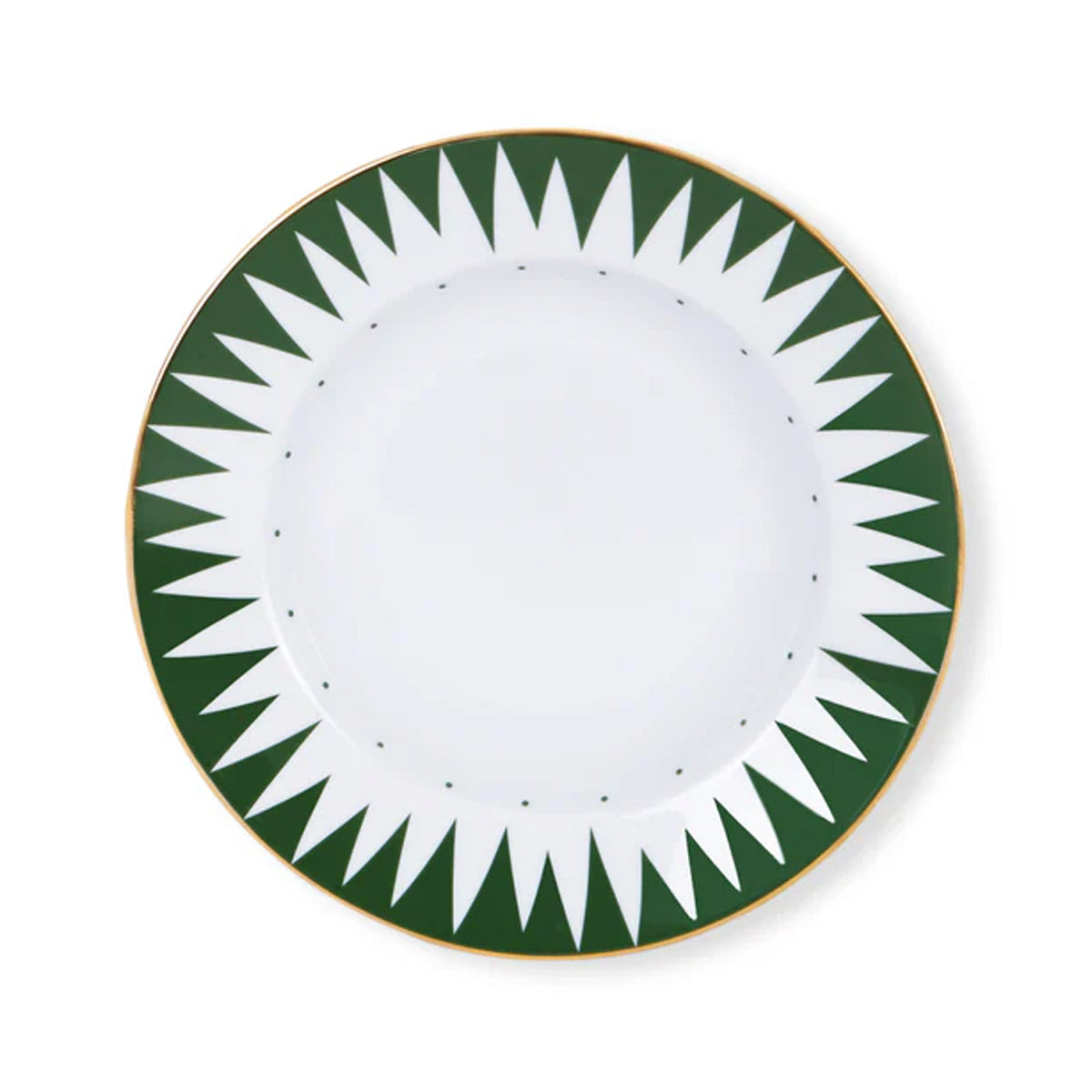 Top view of Green Punk soup and pasta plate with green triangular sunburst border, small inner green dots, and gold rim
