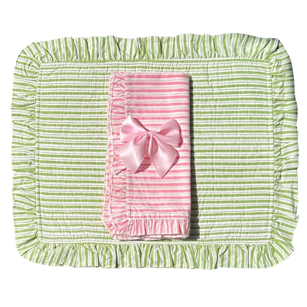 Quilted Ruffle Placemats in Green Stripe, Set of 4