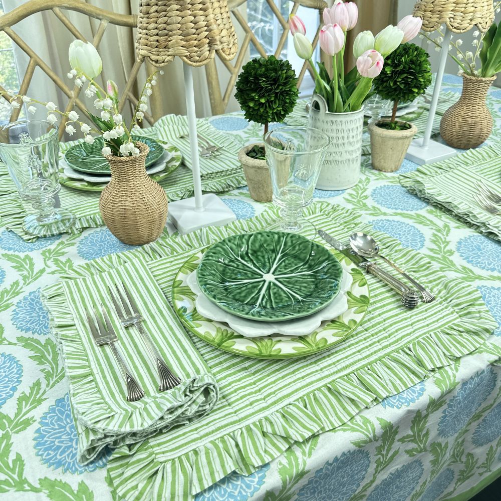 Quilted Ruffle Placemats in Green Stripe, Set of 4