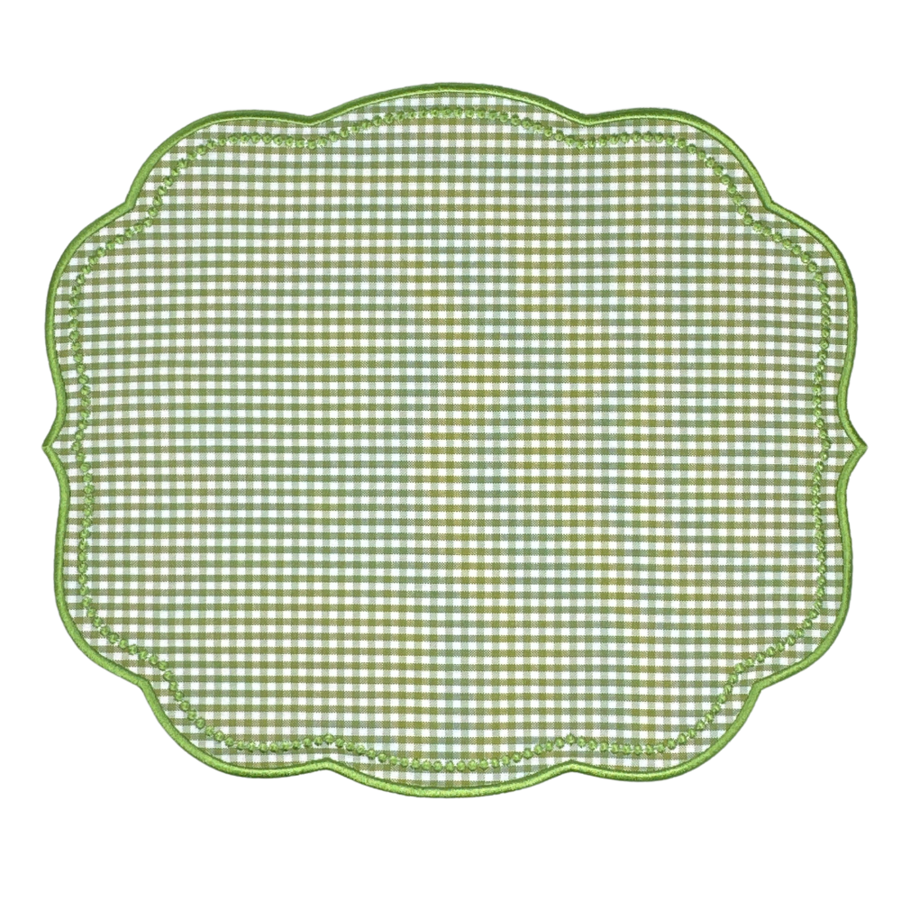 Green gingham luxury embroidered placemat  with green embroidery and scalloped edge