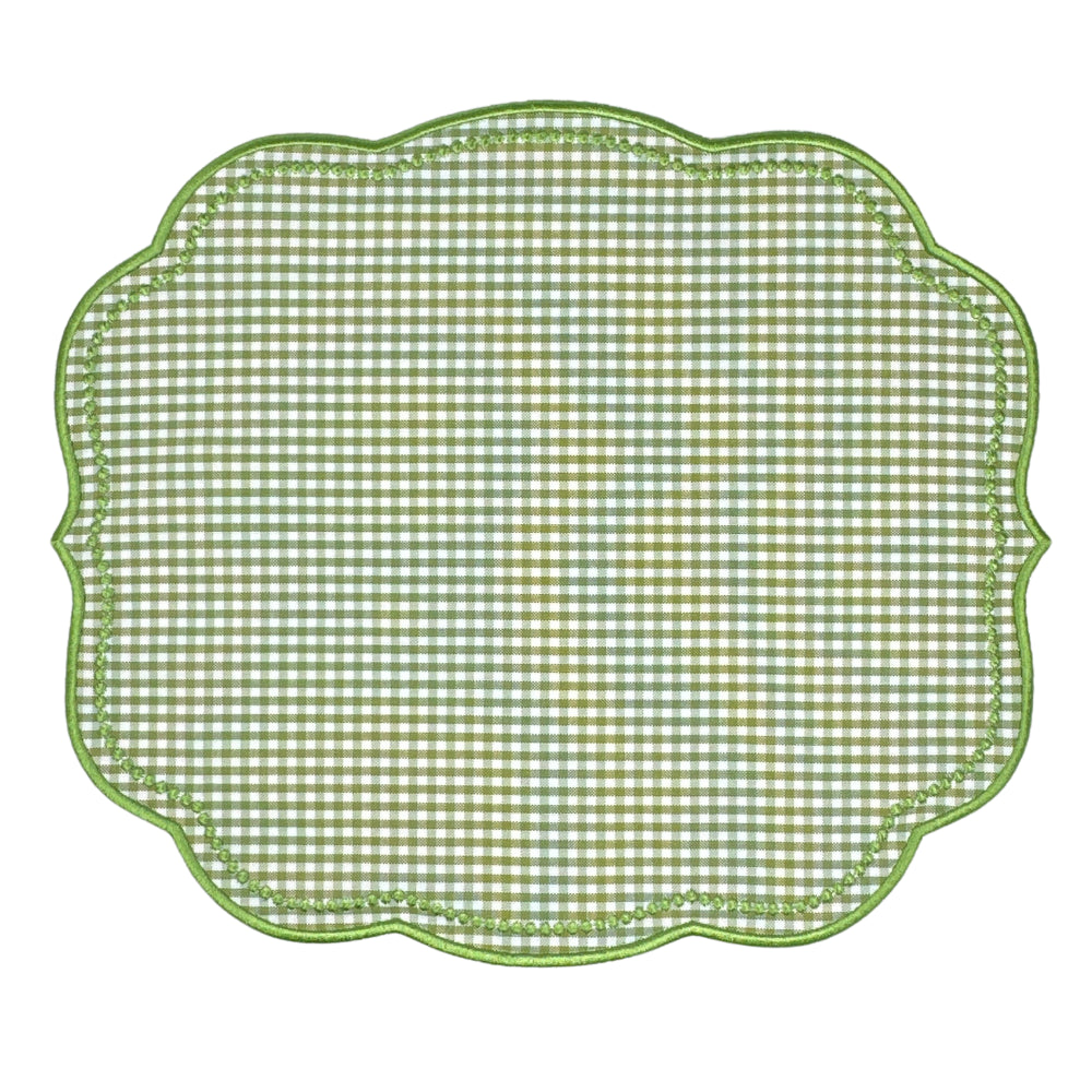 Green gingham luxury embroidered placemat  with green embroidery and scalloped edge