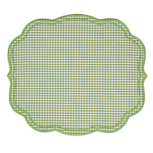 Green gingham luxury embroidered placemat  with green embroidery and scalloped edge