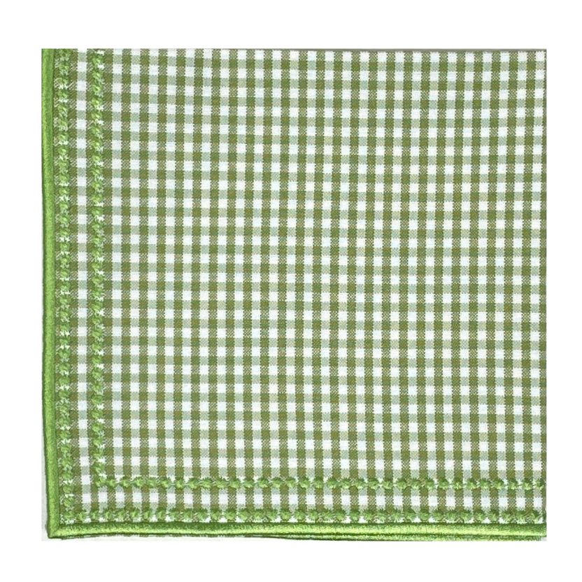 Green and white checkered gingham luxury napkin with green embroidery