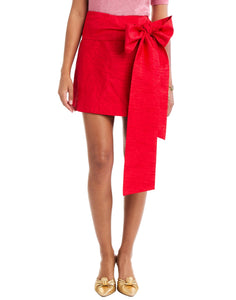 Granada Wrapped Mini Skirt in Rose Red front – cocktail mini wrap skirt with bow-tie waist, concealed zipper, and full lining by Mestiza New York.