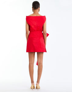 Granada Wrapped Mini Skirt in Rose Red back – cocktail mini wrap skirt with bow-tie waist, concealed zipper, and full lining by Mestiza New York.