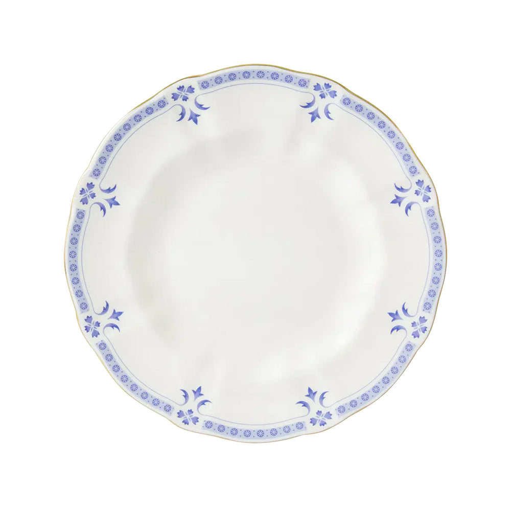 Top-down view of Grenville salad plate showcasing scalloped edge, blue floral border, and gold rim on white background