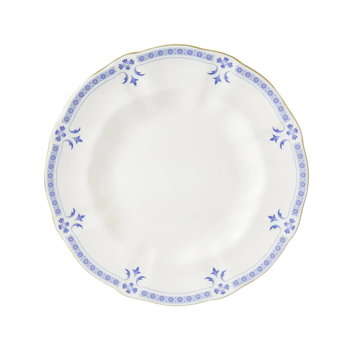 Top-down view of Grenville salad plate showcasing scalloped edge, blue floral border, and gold rim on white background