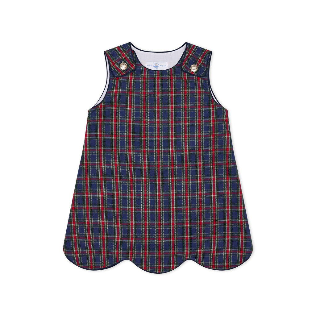 Henry Duvall Janie Jumper girls’ holiday dress in Tinsel Tartan, a navy, red and green plaid with subtle gold metallic thread, scalloped hem, navy piping and gold shoulder buttons.