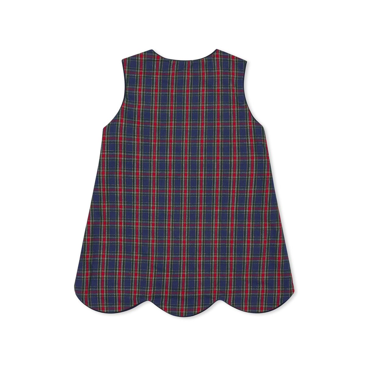 Front view of Janie Jumper in Tinsel Tartan showcasing navy, red and green plaid with scalloped hem on white background