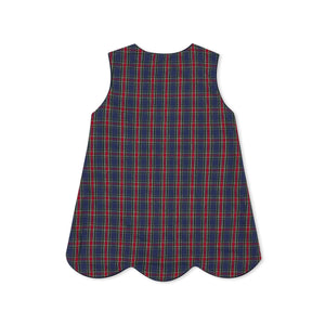Front view of Janie Jumper in Tinsel Tartan showcasing navy, red and green plaid with scalloped hem on white background