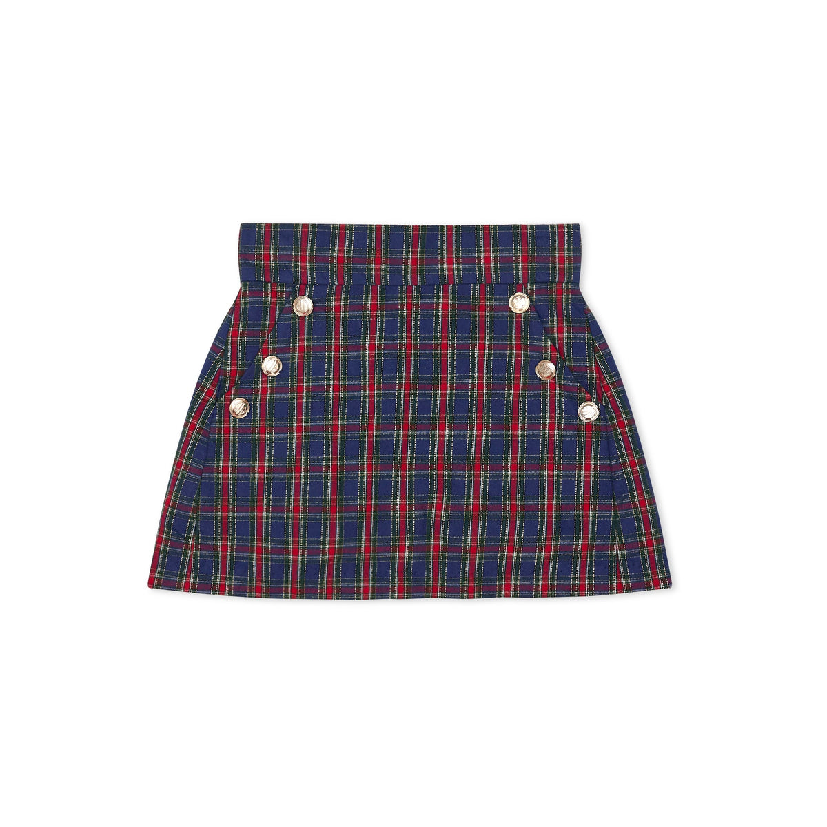 Girls’ Sadie Skirt in navy, red, and green Tinsel Tartan with subtle metallic thread, HD gold buttons, flat front, and A-line silhouette.