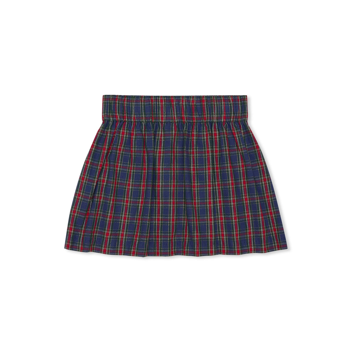 Girls’ Sadie Skirt in navy, red, and green Tinsel Tartan with subtle metallic thread, HD gold buttons, flat front, and A-line silhouette.