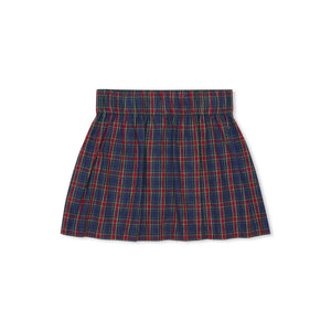 Girls’ Sadie Skirt in navy, red, and green Tinsel Tartan with subtle metallic thread, HD gold buttons, flat front, and A-line silhouette.