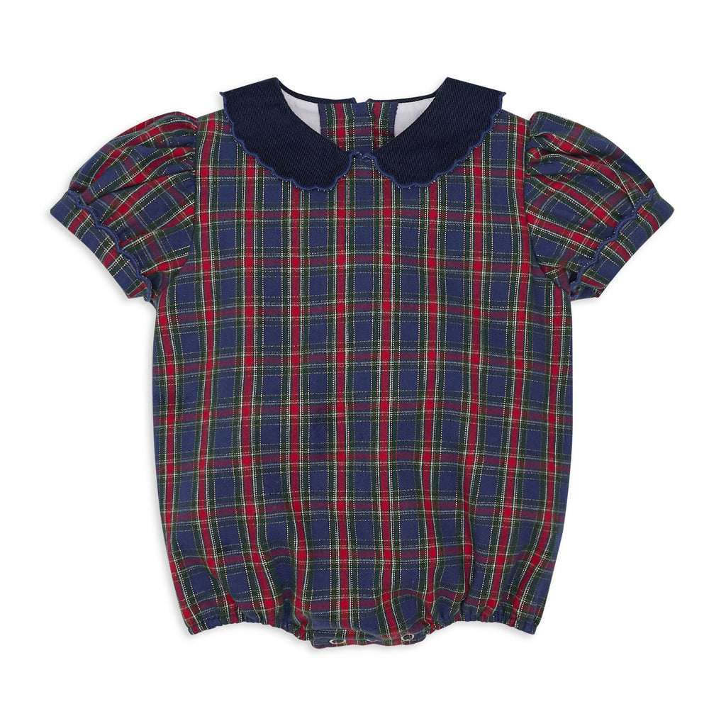 Girls’ Beatrice Bubble in navy, red, and green Tinsel Tartan with subtle metallic thread, Midnight Blue Corduroy scalloped collar, and scalloped sleeve trim.