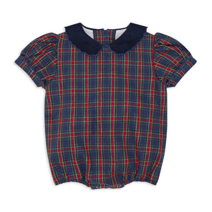 Girls’ Beatrice Bubble in navy, red, and green Tinsel Tartan with subtle metallic thread, Midnight Blue Corduroy scalloped collar, and scalloped sleeve trim.