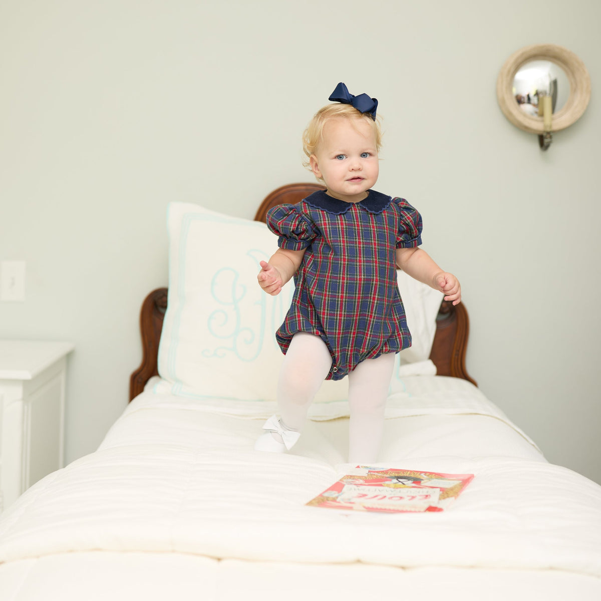 Girls’ Beatrice Bubble in navy, red, and green Tinsel Tartan with subtle metallic thread, Midnight Blue Corduroy scalloped collar, and scalloped sleeve trim.