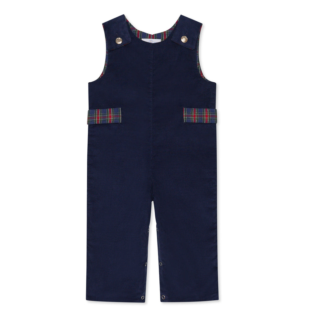 Boys’ Louis Longall in Midnight Blue Corduroy with Tinsel Tartan tabs, HD gold buttons, and full tartan lining designed to show when the cuffs are rolled.