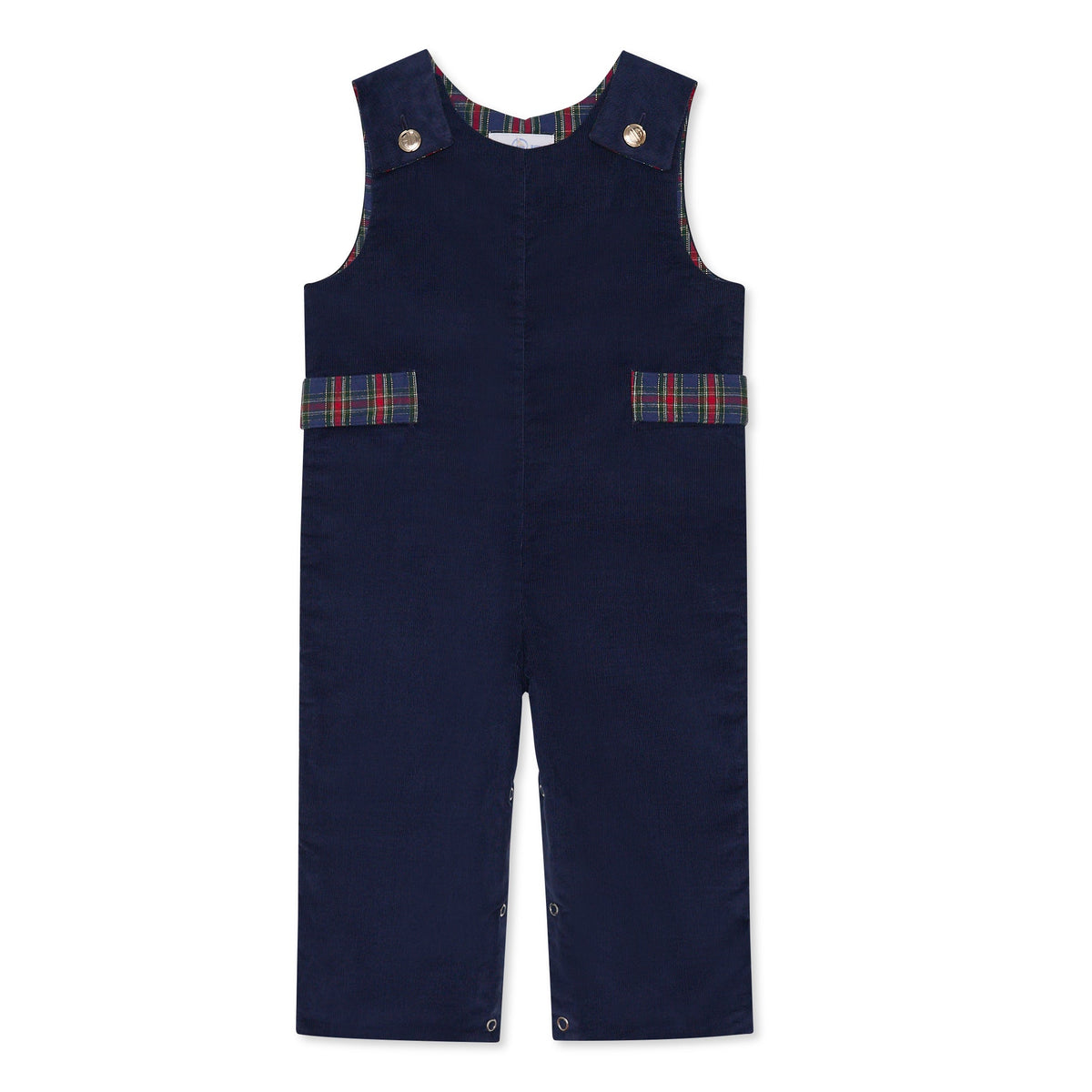 Boys’ Louis Longall in Midnight Blue Corduroy with Tinsel Tartan tabs, HD gold buttons, and full tartan lining designed to show when the cuffs are rolled.