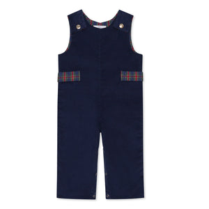 Boys’ Louis Longall in Midnight Blue Corduroy with Tinsel Tartan tabs, HD gold buttons, and full tartan lining designed to show when the cuffs are rolled.